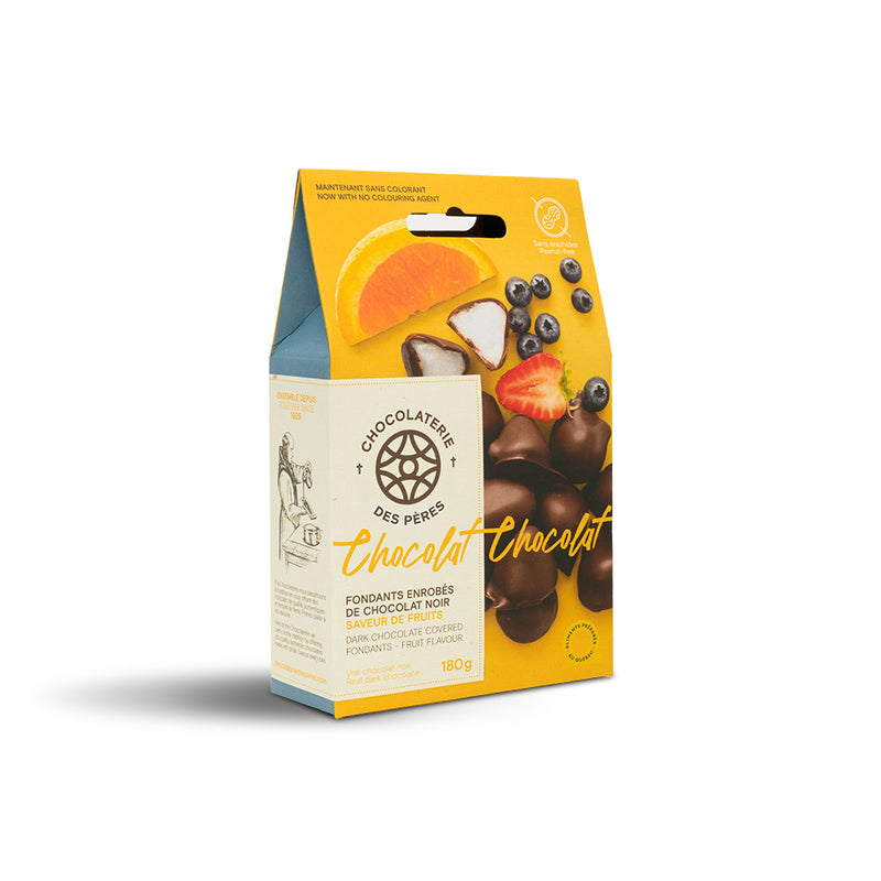 Fondants à saveur de fruits enrobés de chocolat noir